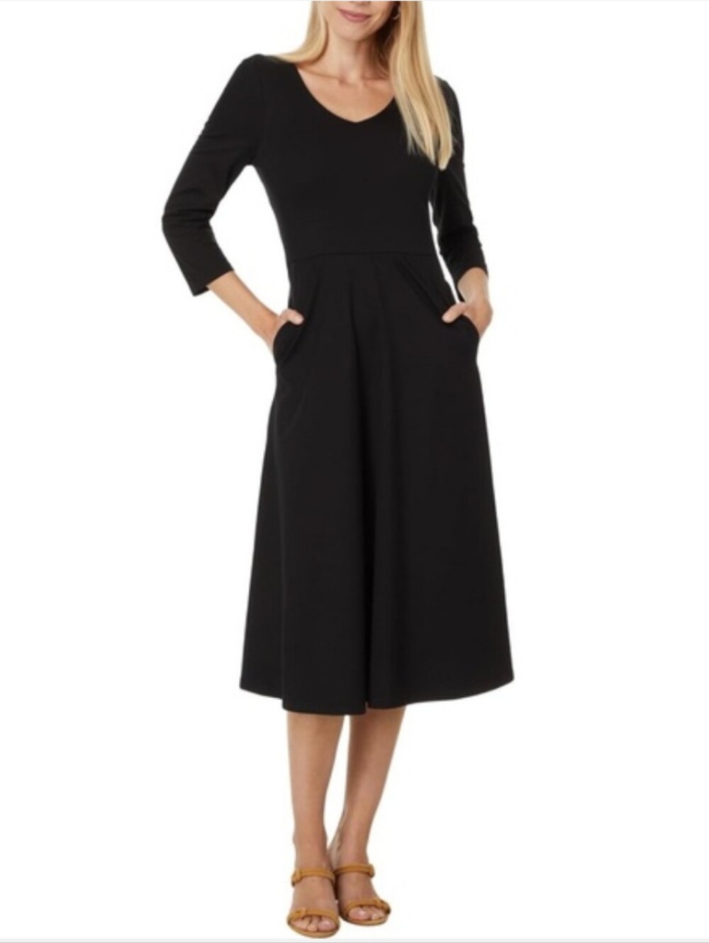 Pact Fit & Flare Midi Dress Black Pockets Organic Cotton Double-V ¾-Sleeve XXL